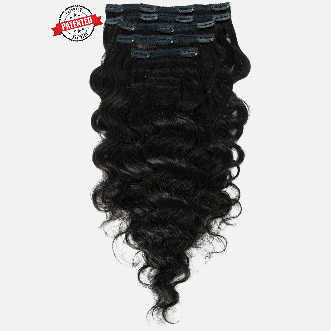 Upgrade from competitor's Follicle Fusion™ Clip-ins to our Patented InVisiRoot® Clip-ins. Experience True Undetectable Results: This is Dawn Cambodian Body Wavy texture  InVisiRoot® Clip-ins
