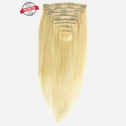 Upgrade from competitor's Follicle Fusion™ Clip-ins to our Patented InVisiRoot® Clip-ins. Experience True Undetectable Results: This is Blonde Cambodian Silky Straight texture InVisiRoot® Clip-ins