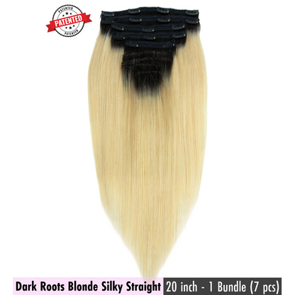 Dark Roots Blonde Silky Straight - InVisiRoot® Clip-ins (AKA TrueRoot™ Clip-ins)