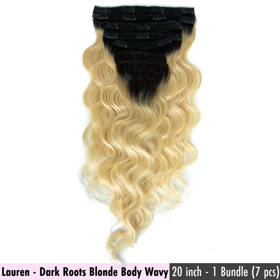 Lauren - Dark Roots Blonde Body Wavy - InVisiRoot® Clip-ins (AKA TrueRoot™ Clip-ins)